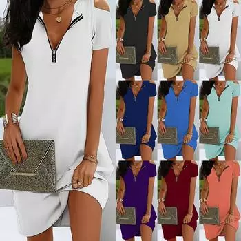 Новая мода женская повседневная молния с открытыми плечами и короткими рукавами мини-платье S белый