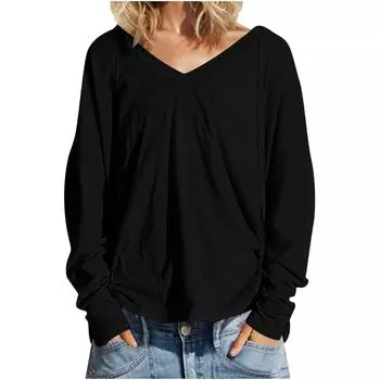 Новая мода женская толстовка с V-образным вырезом, длинный рукав, воротник, топы, осенние наряды M чёрный