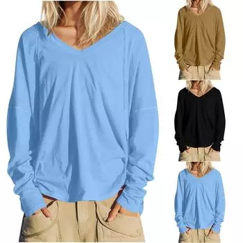 Новая мода женская толстовка с V-образным вырезом, длинный рукав, воротник, топы, осенние наряды M чёрный