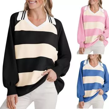 Новая мода женская толстовка с V-образным вырезом, длинный рукав, воротник, топы, осенние наряды M чёрный