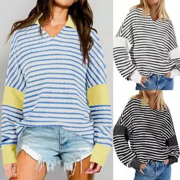 Новая мода женская толстовка с V-образным вырезом, длинный рукав, воротник, топы, осенние наряды M чёрный