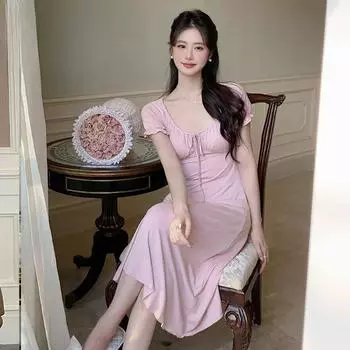 Новая модальная ночная рубашка с короткими рукавами в стиле принцессы, летняя милая длинная ночная рубашка выше колена, дизайн, пригодная для ношения S