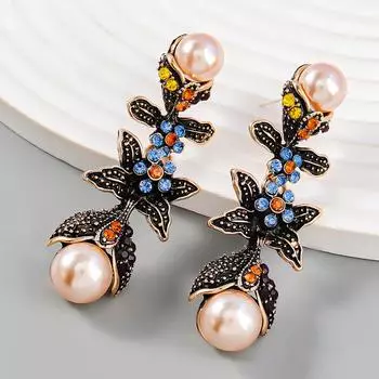 Новая модаОсенние и зимние новые серьги из многослойного сплава с бриллиантами, инкрустированные жемчугом и цветами, женские европейские и американские серьги в стиле ретро с темпераментом