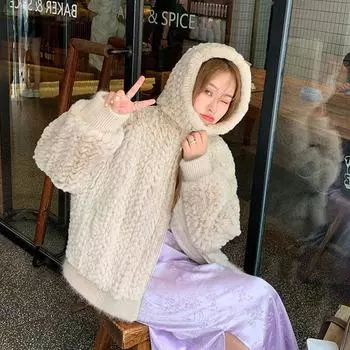 Новая модель, куртка с капюшоном из искусственного меха кролика Рекс, женская зимняя шуба, молодая модель, искусственный мех M