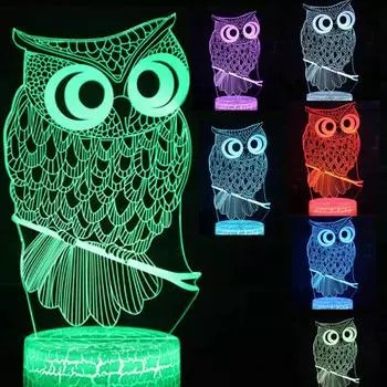 Новая модель совы 3D светодиодный 7 цветов креативный сенсорный переключатель красочный визуальный свет ночник Black base with RGB-multicolor