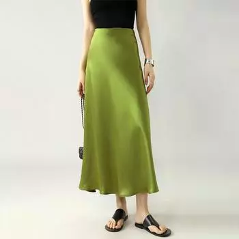 Новая модная элегантная универсальная весенняя атласная юбка, базовая шикарная однотонная женская юбка с высокой талией, повседневная юбка M хаки