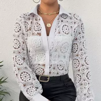 Новая модная белая кружевная блузка с длинным рукавом, женские топы, элегантная сексуальная рубашка с вырезами, женские винтажные офисные женские рубашки с цветами 24134 S белый
