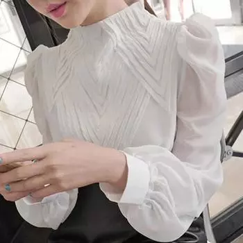Новая модная блузка с длинным рукавом и воротником-стойкой, черная белая шифоновая рубашка, женские топы J386 S белый