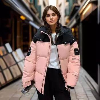 Новая модная брендовая нарукавная повязка контрастного цвета, короткая пуховая хлопковая одежда с капюшоном, европейская утолщенная теплая и ветрозащитная куртка S