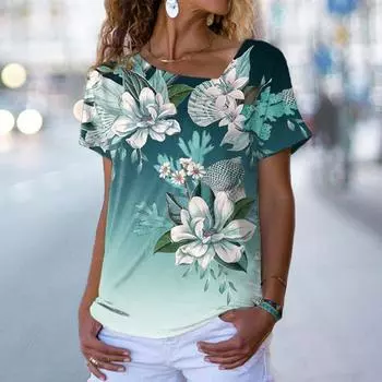 Новая модная цифровая 3D-печатная футболка с косым вырезом для женщин с коротким рукавом S