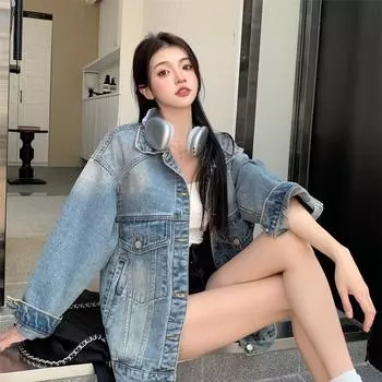 Новая модная джинсовая куртка женская Свободного кроя Корейская версия Ретро Гонконгский стиль Bf Стиль Джинсовая куртка с длинными рукавами Топ M