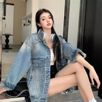 Новая модная джинсовая куртка женская Свободного кроя Корейская версия Ретро Гонконгский стиль Bf Стиль Джинсовая куртка с длинными рукавами Топ M