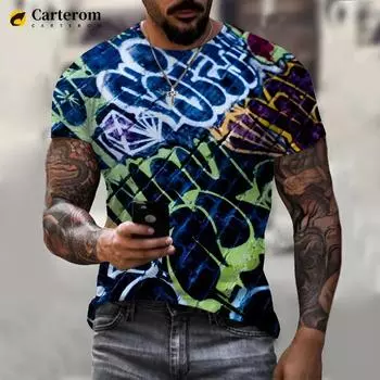 Новая модная футболка с принтом неоновых граффити 3D, большая повседневная мужская футболка, летняя повседневная футболка с короткими рукавами в стиле хип-хоп, уличная одежда Harajuku, топ S