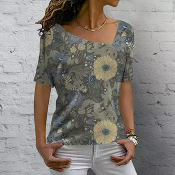Новая модная футболка с V-образным вырезом, летний цветочный принт, короткий рукав, женская повседневная базовая футболка, женские винтажные элегантные топы XS