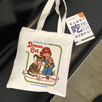 Новая модная холщовая сумка с рисунком дьявола и кота с буквенным принтом, трендовые сумки в стиле Харадзюку, интересные ретро сумки 24*26cm