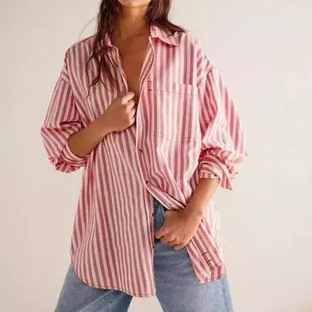 Новая модная и универсальная свободная повседневная полосатая рубашка средней длины с длинными рукавами и застежкой на пуговицы XS