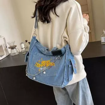 Новая модная классическая сумка-тоут с повседневным узором в виде буквы «Джокер», большая вместительная сумка на плечо с металлической цепочкой светло-синий