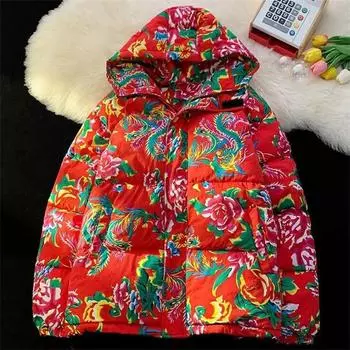 Новая модная куртка с большим цветком на хлопковой подкладке, женская зимняя новая свободная куртка с хлопковой подкладкой, теплая куртка с хлопковой подкладкой, пальто M красный