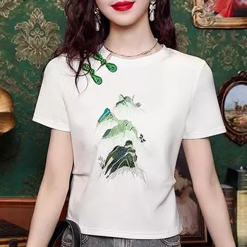 Новая модная летняя футболка в китайском стиле с коротким рукавом и круглым вырезом с вышивкой для женщин J379 S