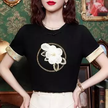 Новая модная летняя футболка в китайском стиле с коротким рукавом и круглым вырезом с цветочной вышивкой, женские топы J393 S чёрный