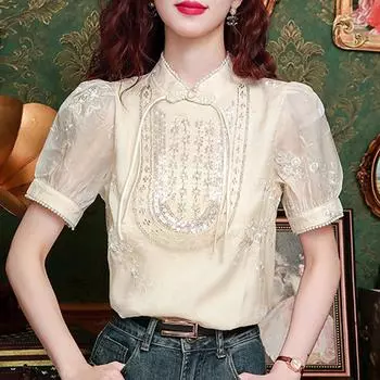 Новая модная летняя шифоновая блузка в китайском стиле с коротким рукавом и воротником-стойкой, вышитая бисером, женская рубашка J375 S абрикосовый