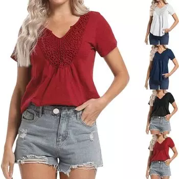 Новая модная модная женская футболка с v-образным вырезом, повседневный кружевной вязаный крючком однотонный топ L чёрный