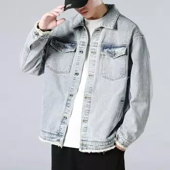 Новая модная мужская джинсовая куртка, винтажная светло-голубая стирка, свободное старое джинсовое пальто с рваными краями 4XL
