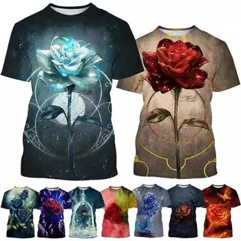 Новая модная мужская футболка с 3D-печатью Rose, популярная мужская футболка с цветочным принтом Rose для мужчин и женщин в стиле Харадзюку, повседневная футболка большого размера с коротким рукавом XS