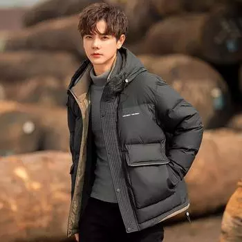 Новая модная мужская подростковая белая утиная пуховая утолщенная теплая куртка M чёрный