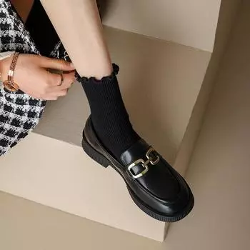 Новая модная обувь на платформе из натуральной кожи, женская обувь, повседневные лоферы без шнуровки, женские туфли с круглым носком, Zapatos De Mujer Women 34 чёрный