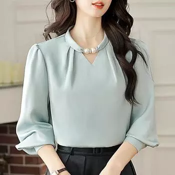 Новая модная осенняя повседневная шифоновая блузка с длинным рукавом и круглым вырезом, женская рубашка, топы, блузки, рубашки J418 S аква голубой