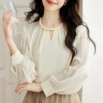 Новая модная осенняя шифоновая блузка с длинным рукавом и круглым вырезом, с бисером, для офиса, женская шифоновая блузка, рубашка, женские топы, блузки, рубашки J416 S абрикосовый