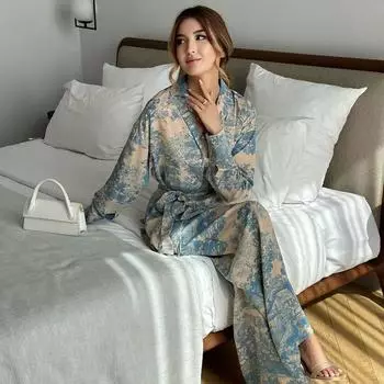 Новая модная пижама с французским принтом и длинными рукавами, синяя пижама из двух частей с граффити, женская пижама с высокой талией S