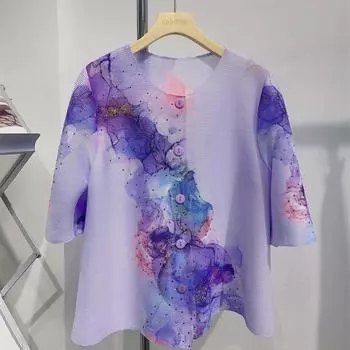 Новая модная плиссированная круглая горловина с принтом и короткая куртка с рукавами пять четвертей, элегантная и свободная посадка, прикрывающая тело. One Size фиолетовый