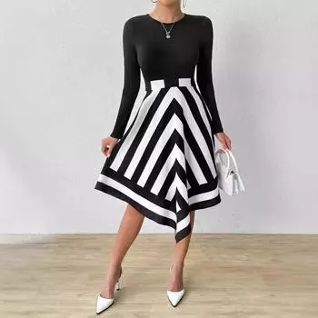 Новая модная полосатая принтованная сращивающаяся юбка с длинным рукавом для женщин S чёрный