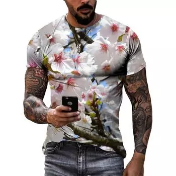 Новая модная повседневная футболка в стиле хип-хоп, мужская футболка с цветочным узором, летние красивые и удобные круглые футболки S