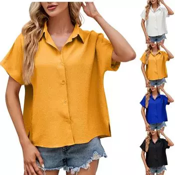 Новая модная повседневная однотонная свободная рубашка с короткими рукавами на пуговицах и v-образным вырезом L чёрный