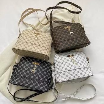 Новая модная ретро-сумка из искусственной кожи с ракушками, повседневная сумка через плечо с подвеской в виде оленя, винтажная напечатанная женская сумка на молнии 22.5x9.5x17.5cm хаки