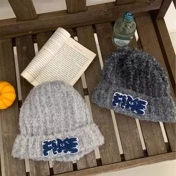 Новая модная шерстяная шапка с большой окружностью головы, универсальная свободная вязаная шапка, теплая холодная шапка с ушками M56-58cm темно-серого