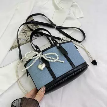 Новая модная сумка из искусственной кожи, лоскутная сумка-тоут, простая женская сумка через плечо, милый жемчужный бант, подарок на день рождения, сумка на одно плечо
