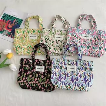 Новая модная сумка-тоут с милым тюльпаном и цветочным принтом, большая вместительная парусиновая сумка, портативная сумка-бенто, сумка для покупок, студенческая школьная сумка