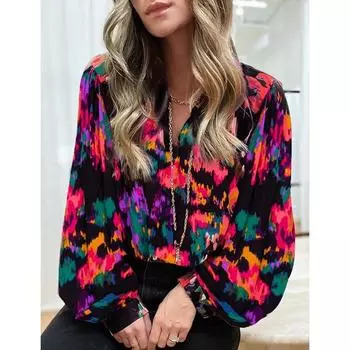 Новая модная свободная повседневная блузка с V-образным вырезом, женские топы, рукав-фонарик, винтажная элегантная рубашка для женщин, осенние простые офисные женские рубашки 24682 S красный