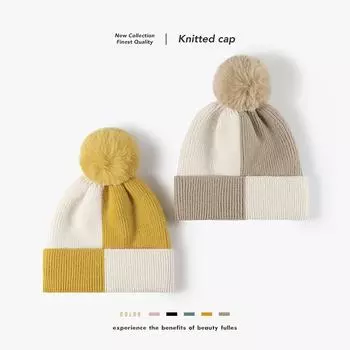 Новая модная теплая плюшевая шапка с капюшоном для женщин, осенне-зимняя вязаная шапка, простая и универсальная уличная шерстяная шапка контрастного цвета one size чёрный