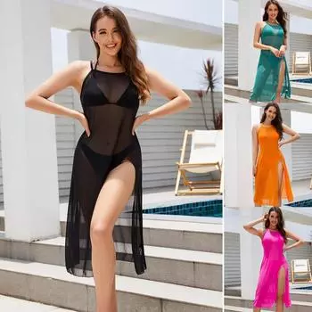 Новая модная юбка с разрезом, перспективная сетка, сплошной цвет, бикини, купальник из трех частей, сексуальные кружевные купальники с открытой спиной, солнцезащитный крем, пляжное бикини для отдыха S чёрный