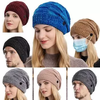 Новая модная вязаная шапка, зимняя напускная шапка для мужчин и женщин, теплая шапка-бини с пуговицами, вязаная повседневная лыжная шапка чёрный