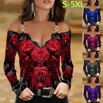 Новая модная женская блузка с длинными рукавами и металлическим плечевым ремнем, сексуальная блузка с цветочным принтом, удобная футболка больших размеров 3XL чёрный