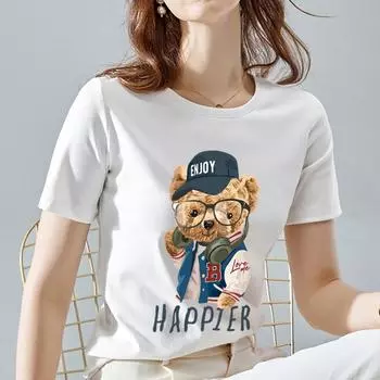 Новая модная женская футболка, летняя футболка с рисунком плюшевого мишки с рисунком, белая трендовая модная женская футболка с короткими рукавами S