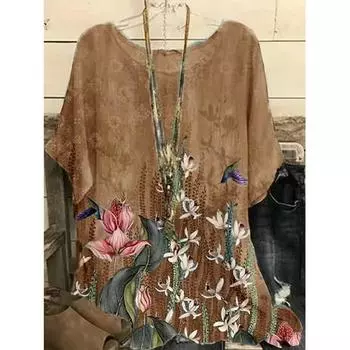 Новая модная женская футболка с круглым вырезом, повседневная футболка с коротким рукавом и цветочным принтом, женский летний свободный пуловер большого размера в стиле Харадзюку L