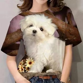 Новая модная женская футболка с милой маленькой собачкой, летняя футболка с короткими рукавами и 3d принтом, удобная одежда большого размера S