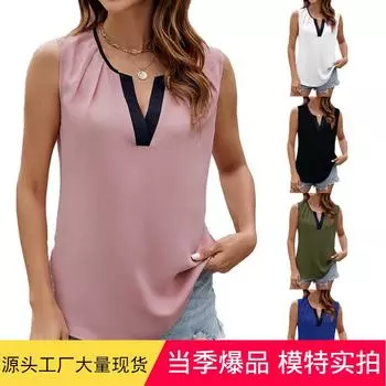 Новая модная женская контрастная шифоновая рубашка, пуловер с v-образным вырезом, жилет, топ S белый